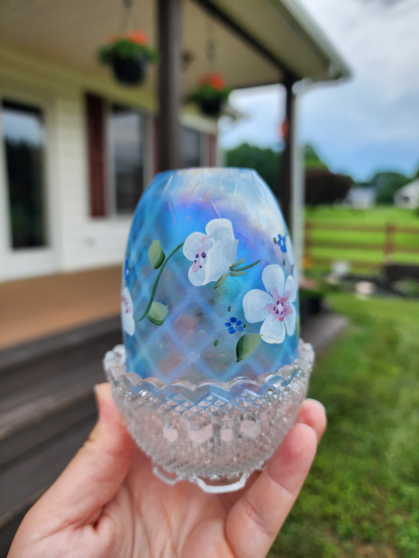 Fenton Hand Painted Blue Flowers Iridescent Fairy Lamp Signed And With Sticker