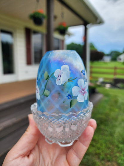 Fenton Hand Painted Blue Flowers Iridescent Fairy Lamp Signed And With Sticker