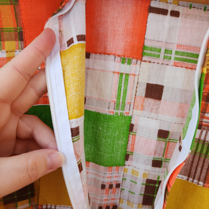 Vintage 70s Size XS Orange Yellow Green Patchwork Shorty Romper Playsuit Jumpsuit