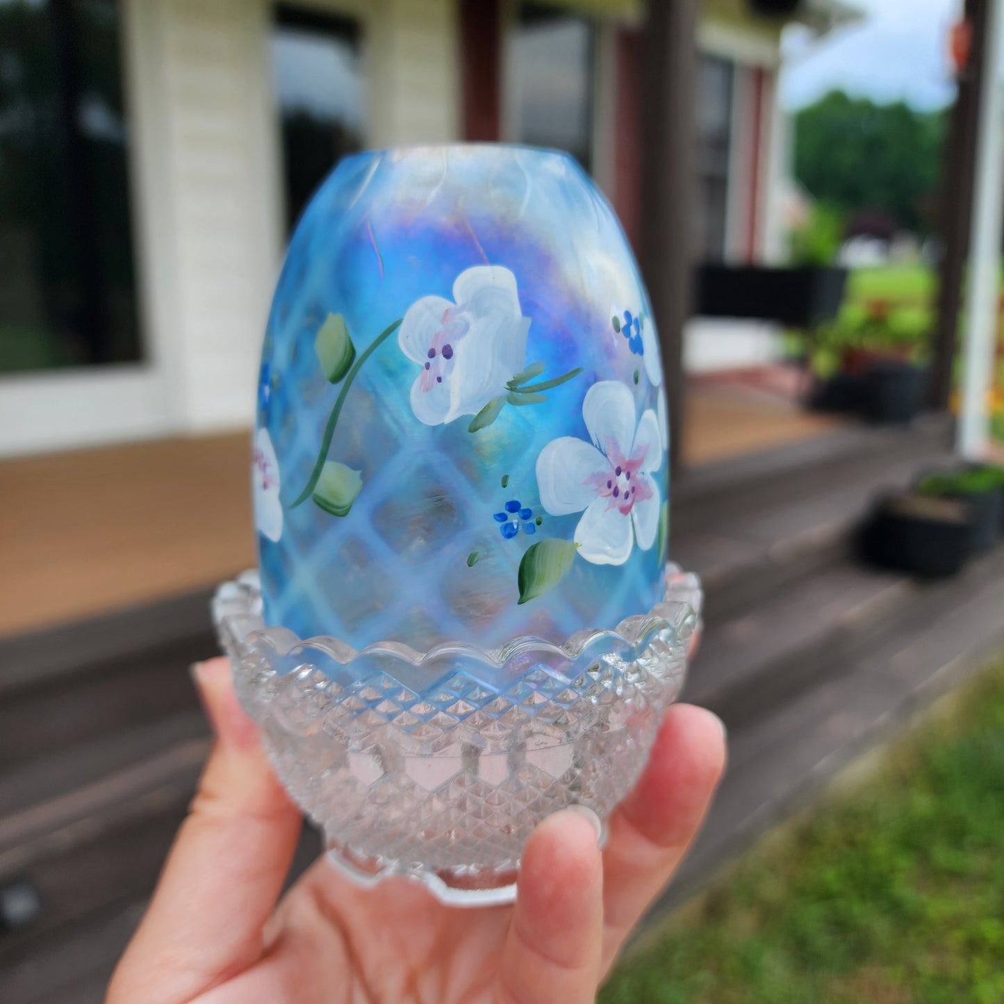 Fenton Hand Painted Blue Flowers Iridescent Fairy Lamp Signed And With Sticker