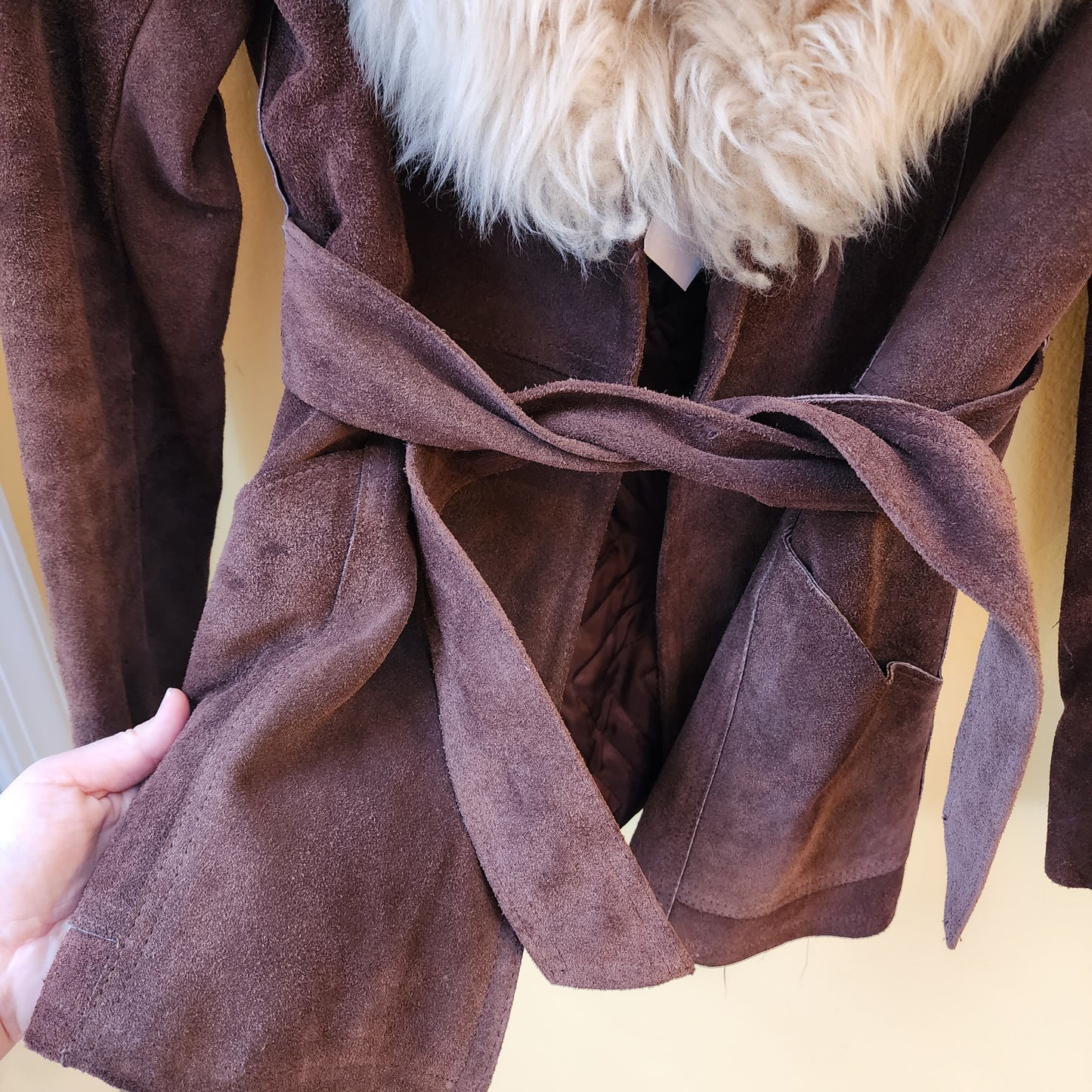 Vintage XS 1970s Pennylane Suede (Faux) Fur Jacket Coat Brown With Tan Fur