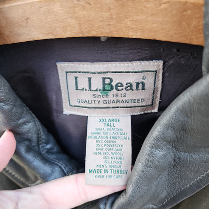 Vintage L.L. Bean 2X Tall Goatskin Leather Bomber Jacket Green/Brownish Aviator