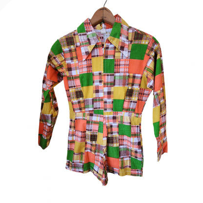 Vintage 70s Size XS Orange Yellow Green Patchwork Shorty Romper Playsuit Jumpsuit