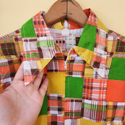 Vintage 70s Size XS Orange Yellow Green Patchwork Shorty Romper Playsuit Jumpsuit