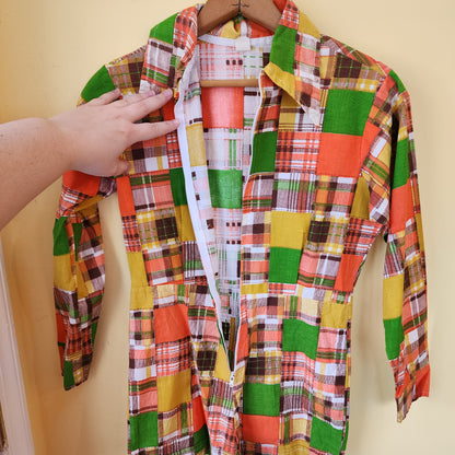 Vintage 70s Size XS Orange Yellow Green Patchwork Shorty Romper Playsuit Jumpsuit