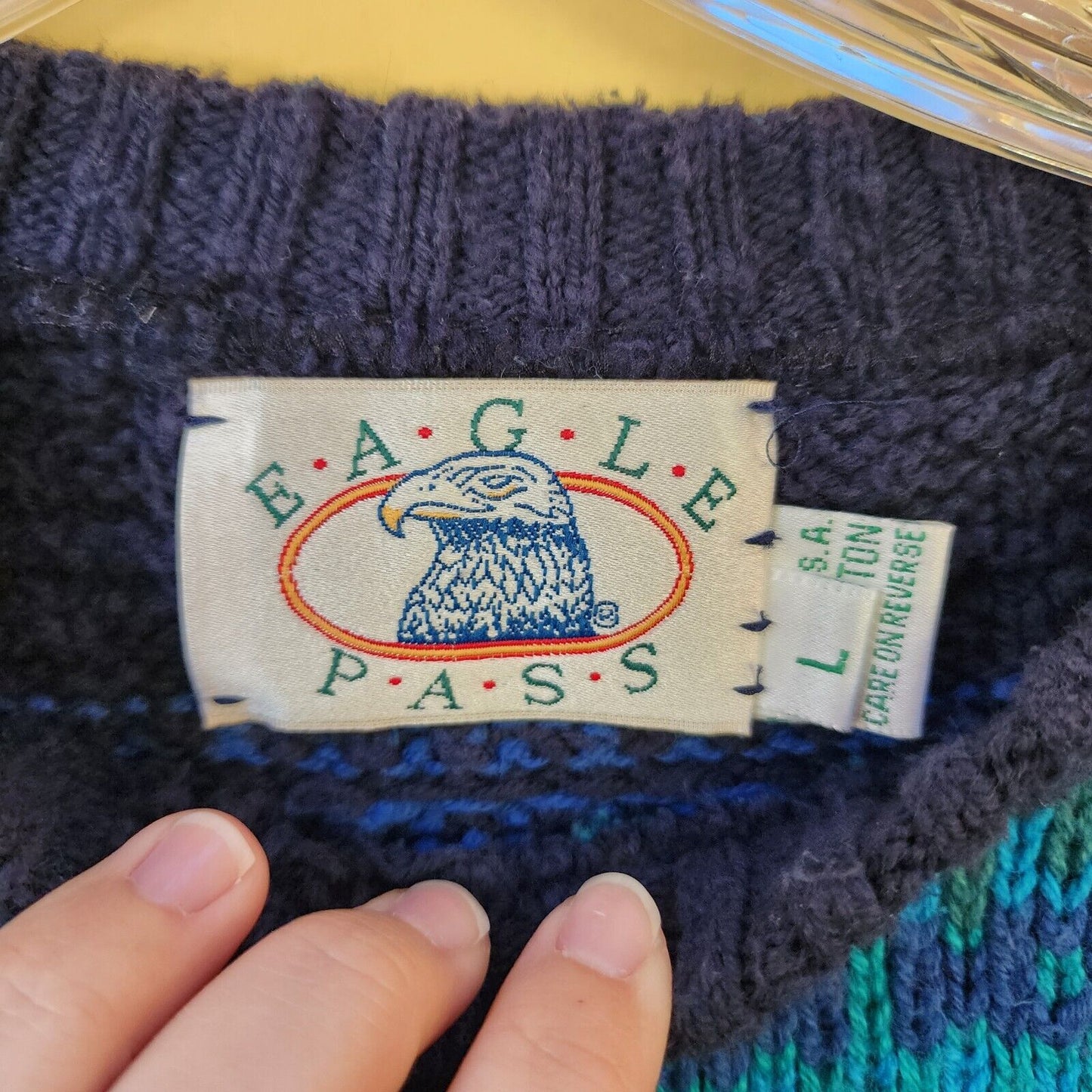 Vintage 90’s Eagle Pass Blue Green Sweater Men’s Large 100% Cotton Made In USA