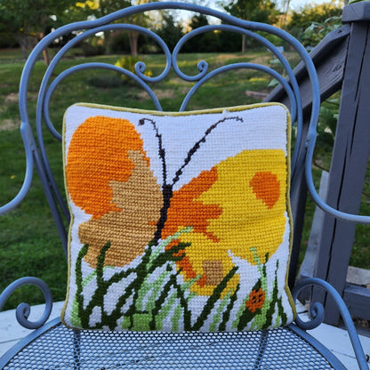 Ramblewood Vintage 60s/70s Orange Yellow Butterfly Pillow With Green Velvet
