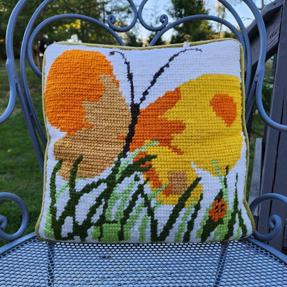 Ramblewood Vintage 60s/70s Orange Yellow Butterfly Pillow With Green Velvet