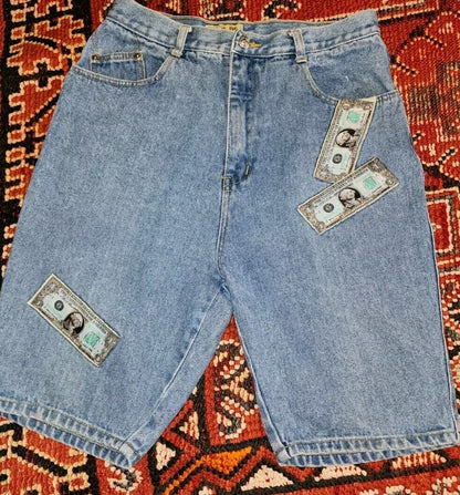 Vintage RARE Y2K Dollar Bills Jeantonic Money Shorts Denim Jean Waist Size 29"
