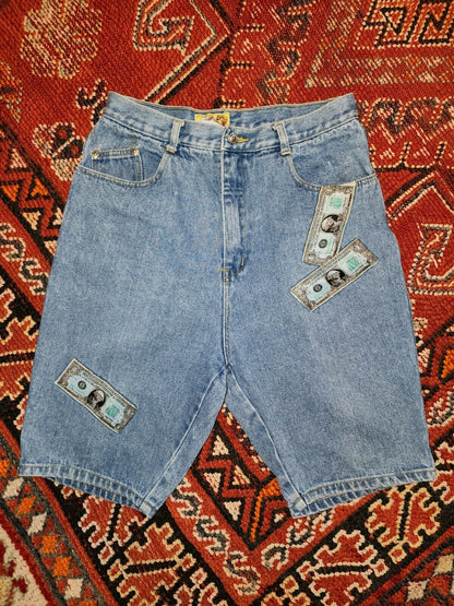 Vintage RARE Y2K Dollar Bills Jeantonic Money Shorts Denim Jean Waist Size 29"
